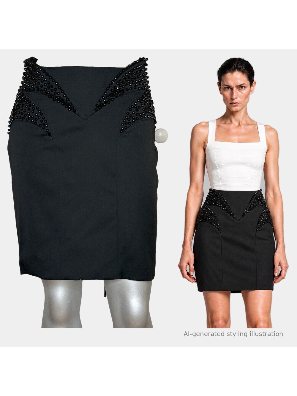 Guilty Brotherhood Kevork Kiledjian Black Abstract Beaded Wool Mini Skirt 00/0